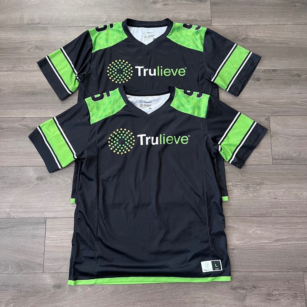 Lot of 2 Trulieve Jersey Shirts Black Lime Green Mens Large V-Neck Short Sleeve